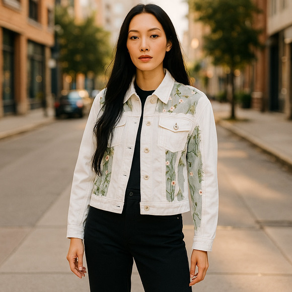 Ashley Stewart Jacket Womens 26/28 White Embroidered Floral Sheer Mesh Denim NWT - Picture 1 of 12